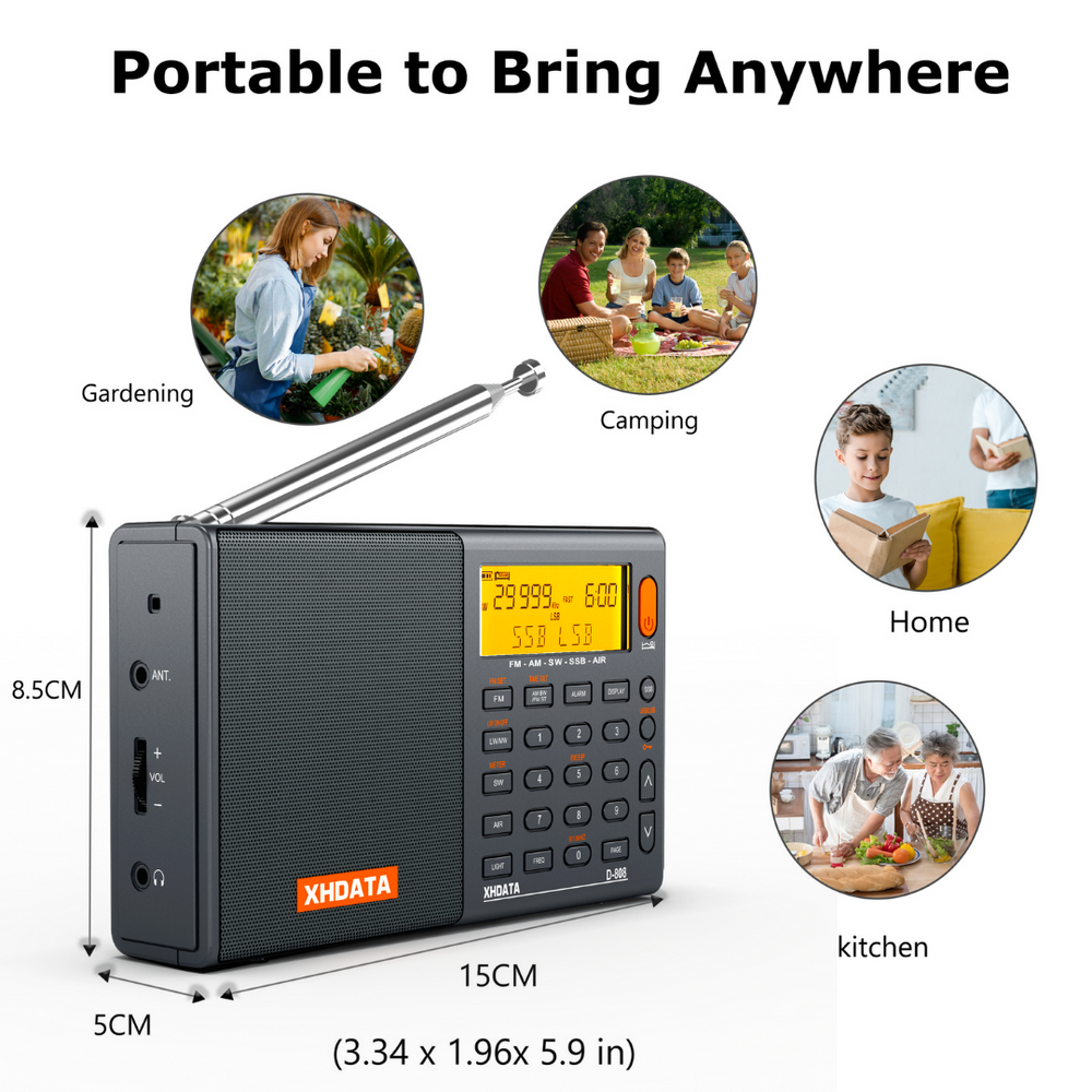XHDATA D-808 digital radio featuring a compact design for home, kitchen, gardening, and camping use