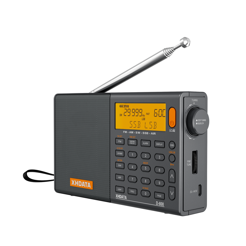 XHDATA D-808 digital radio with LCD display and telescopic antenna for portable listening